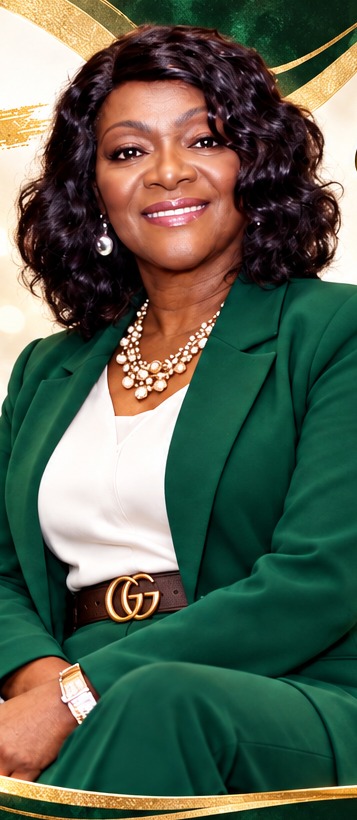 Portrait of Apostle Dr. Mary Battle-Lewis in an emerald blazer and pearl necklace